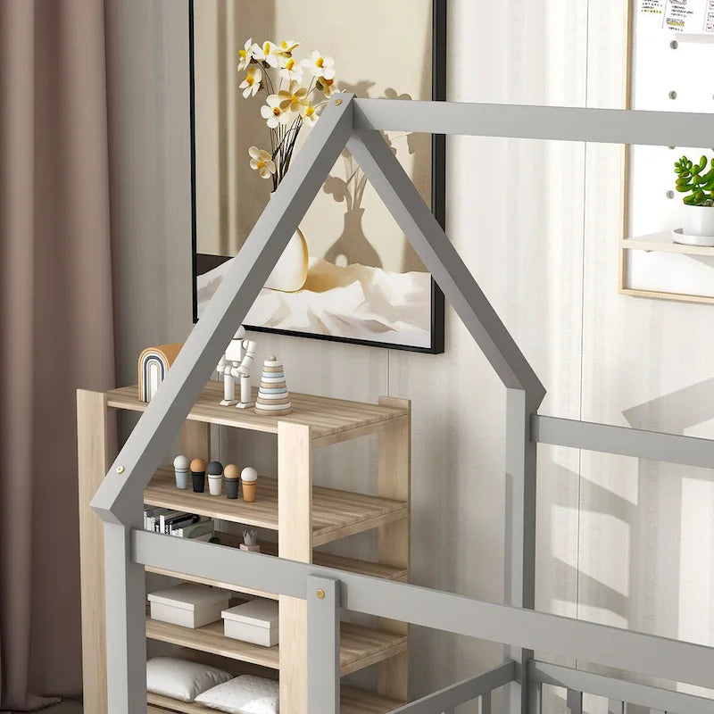 Lit au sol pleine grandeur blanc / gris / rose / marron – style toit de maison, 1 personne