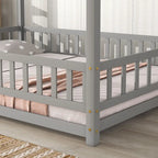 Lit au sol pleine grandeur blanc / gris / rose / marron – style toit de maison, 1 personne