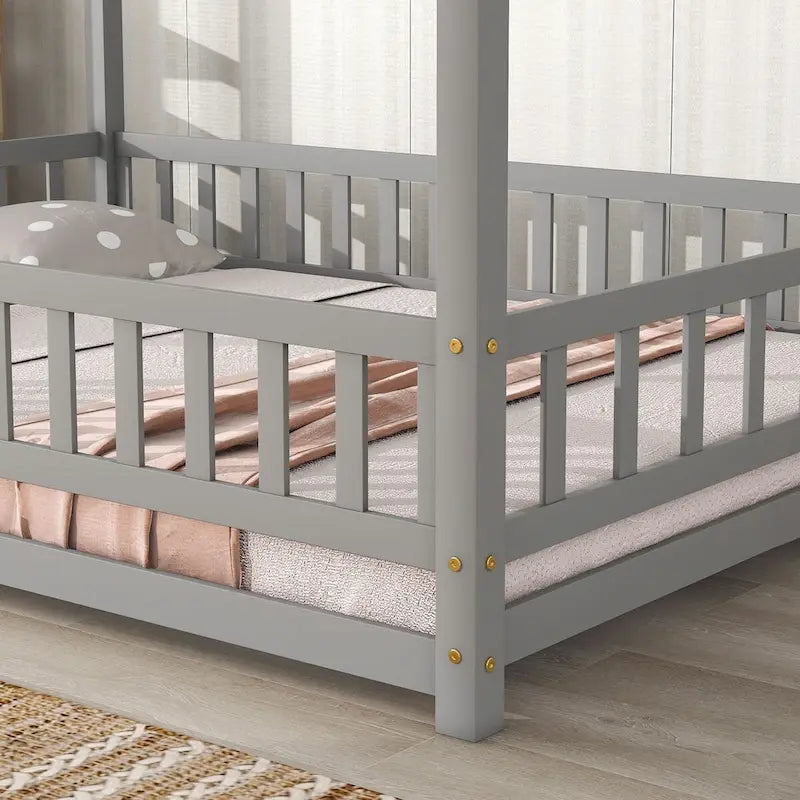 Lit au sol pleine grandeur blanc / gris / rose / marron – style toit de maison, 1 personne