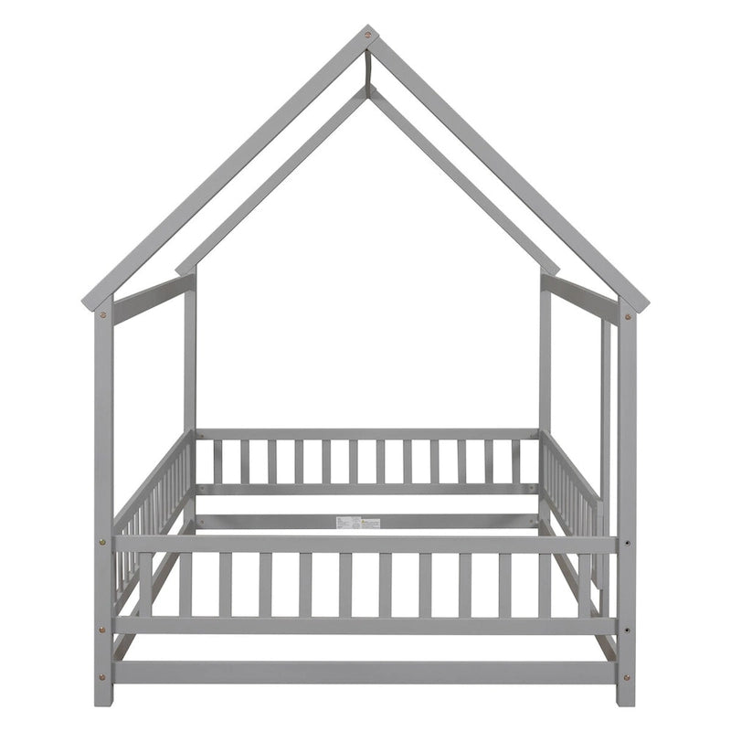 Lit au sol pleine grandeur blanc / gris / rose / marron – style toit de maison, 1 personne