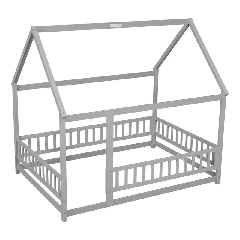 Lit au sol pleine grandeur blanc / gris / rose / marron – style toit de maison, 1 personne