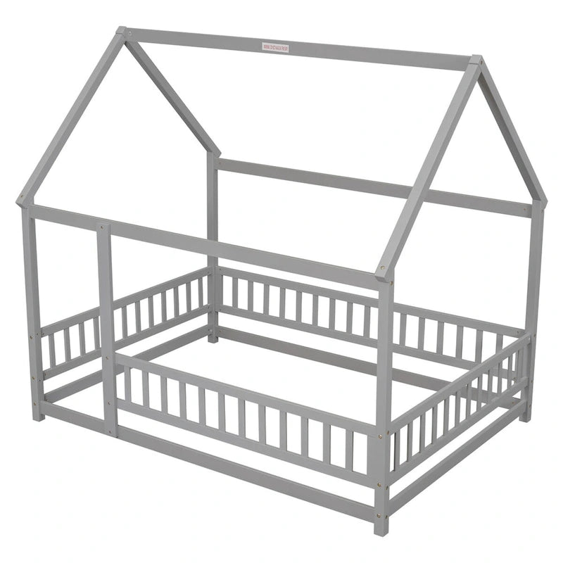 Lit au sol pleine grandeur blanc / gris / rose / marron – style toit de maison, 1 personne