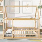 Lit au sol pleine grandeur blanc / gris / rose / marron – style toit de maison, 1 personne