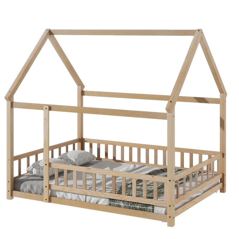 Lit au sol pleine grandeur blanc / gris / rose / marron – style toit de maison, 1 personne