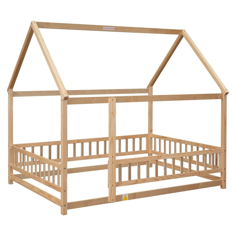 Lit au sol pleine grandeur blanc / gris / rose / marron – style toit de maison, 1 personne
