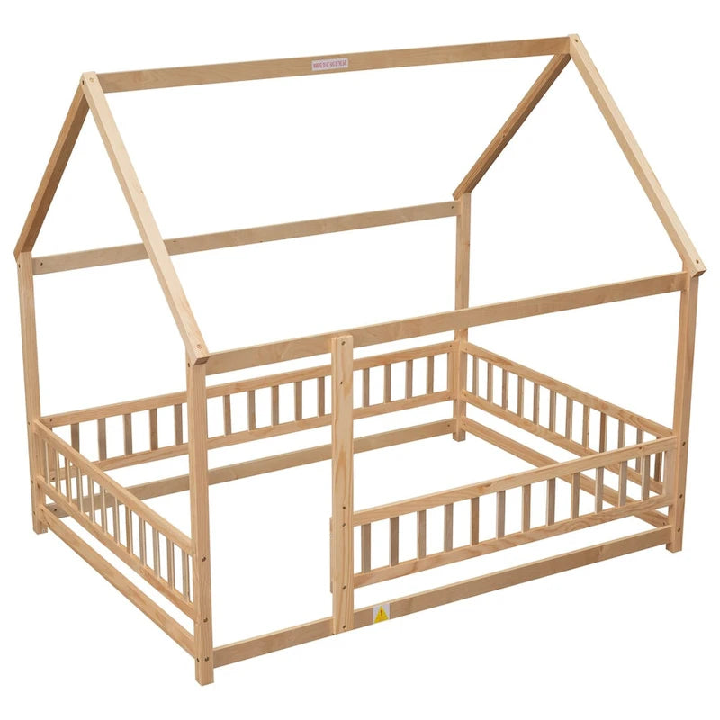 Lit au sol pleine grandeur blanc / gris / rose / marron – style toit de maison, 1 personne