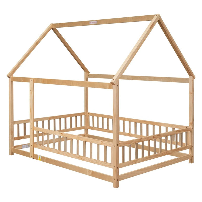 Lit au sol pleine grandeur blanc / gris / rose / marron – style toit de maison, 1 personne