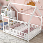 Lit au sol pleine grandeur blanc / gris / rose / marron – style toit de maison, 1 personne