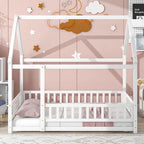 Lit au sol pleine grandeur blanc / gris / rose / marron – style toit de maison, 1 personne