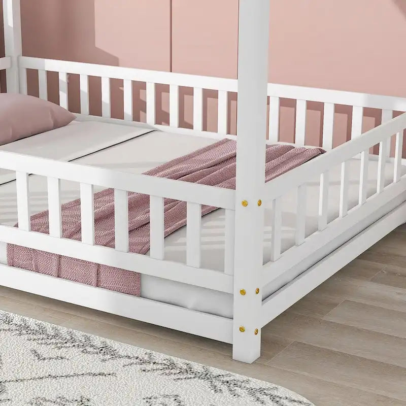 Lit au sol pleine grandeur blanc / gris / rose / marron – style toit de maison, 1 personne