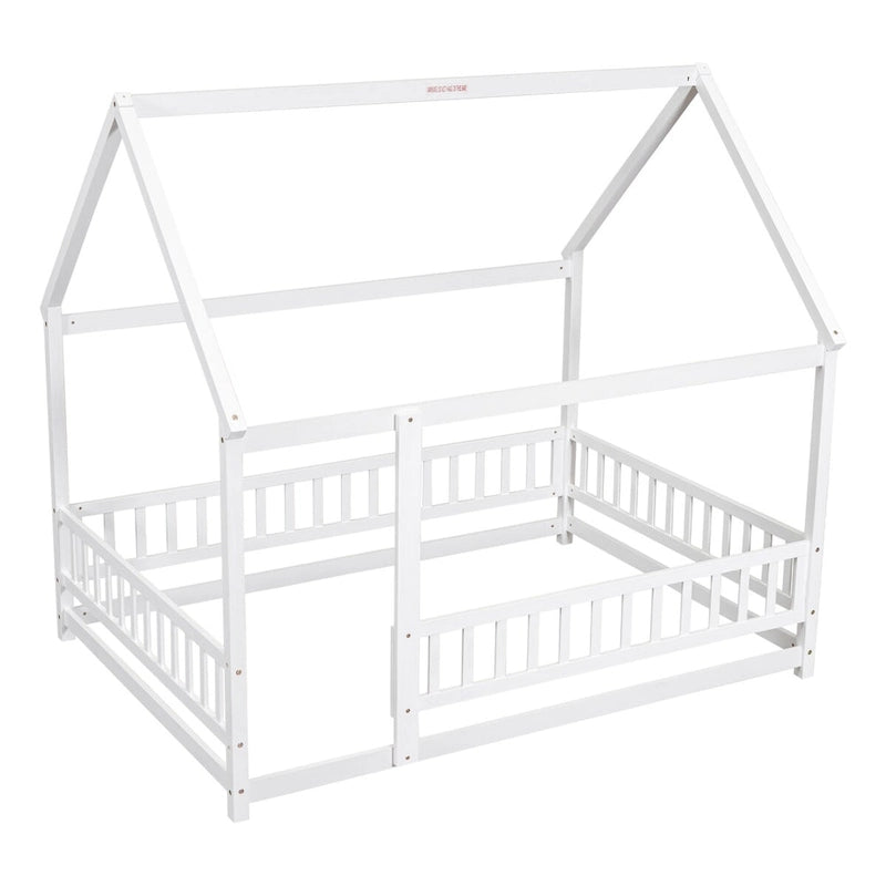 Lit au sol pleine grandeur blanc / gris / rose / marron – style toit de maison, 1 personne