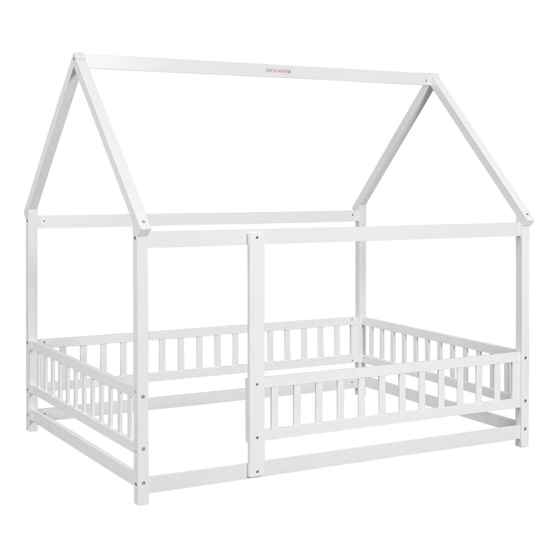 Lit au sol pleine grandeur blanc / gris / rose / marron – style toit de maison, 1 personne