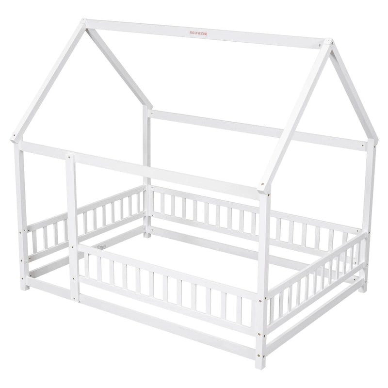 Lit au sol pleine grandeur blanc / gris / rose / marron – style toit de maison, 1 personne