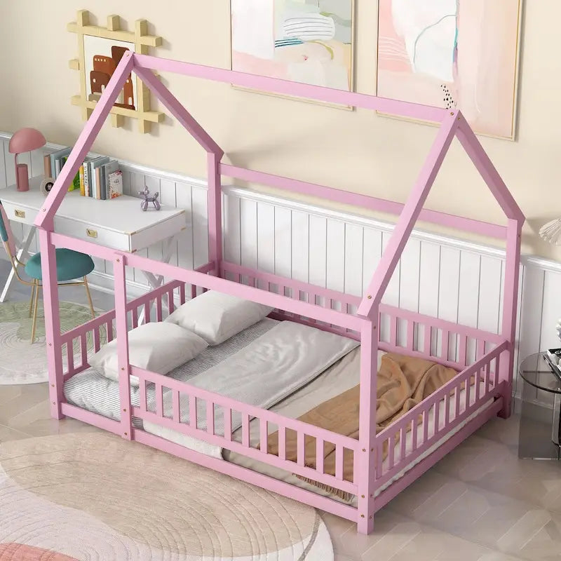 Lit au sol pleine grandeur blanc / gris / rose / marron – style toit de maison, 1 personne