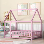 Lit au sol pleine grandeur blanc / gris / rose / marron – style toit de maison, 1 personne