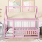 Lit au sol pleine grandeur blanc / gris / rose / marron – style toit de maison, 1 personne