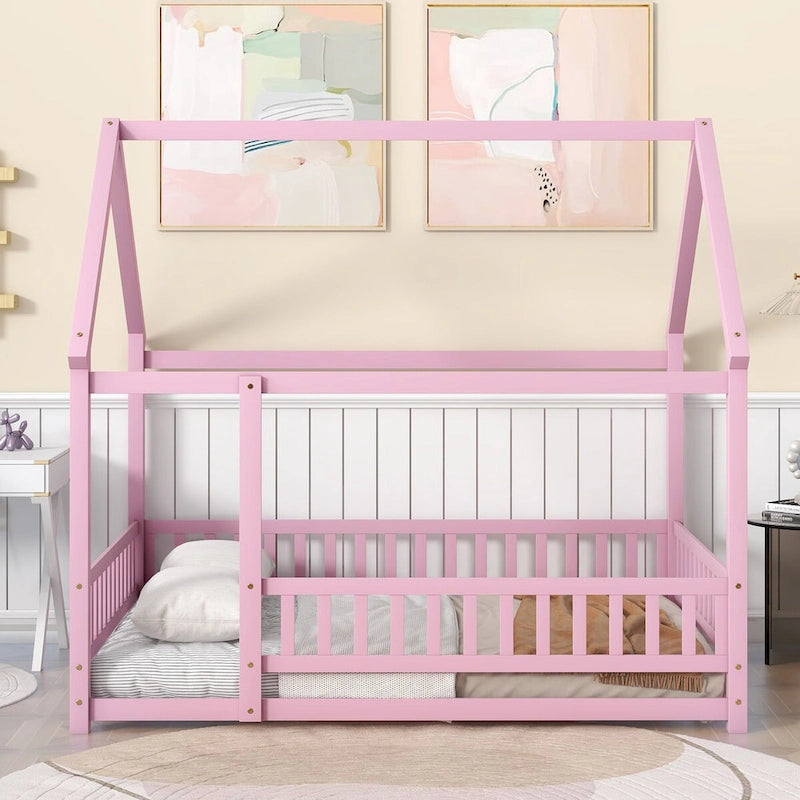 Lit au sol pleine grandeur blanc / gris / rose / marron – style toit de maison, 1 personne