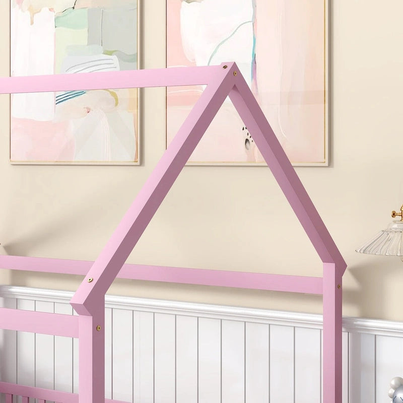 Lit au sol pleine grandeur blanc / gris / rose / marron – style toit de maison, 1 personne