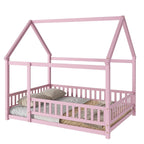Lit au sol pleine grandeur blanc / gris / rose / marron – style toit de maison, 1 personne