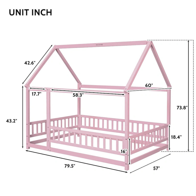 Lit au sol pleine grandeur blanc / gris / rose / marron – style toit de maison, 1 personne