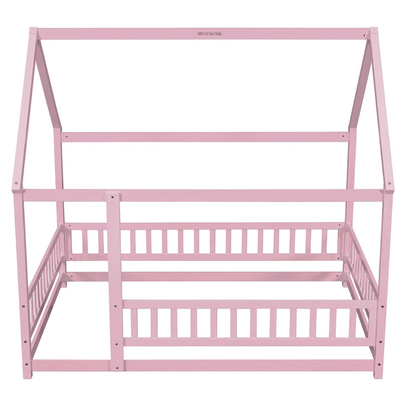 Lit au sol pleine grandeur blanc / gris / rose / marron – style toit de maison, 1 personne