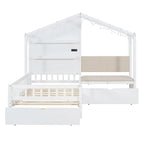 Lit jumeau avec bande LED et canapé latéral, tiroirs de rangement, blanc/gris, convient pour 1 personne