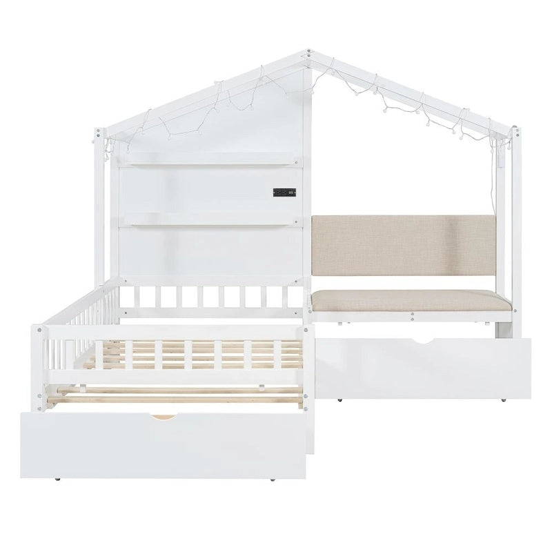 Lit jumeau avec bande LED et canapé latéral, tiroirs de rangement, blanc/gris, convient pour 1 personne