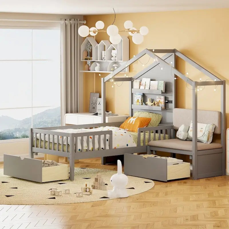 Lit jumeau avec bande LED et canapé latéral, tiroirs de rangement, blanc/gris, convient pour 1 personne
