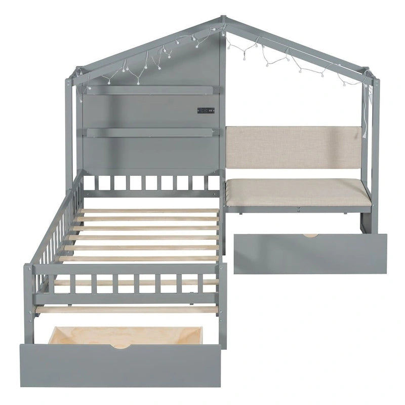 Lit jumeau avec bande LED et canapé latéral, tiroirs de rangement, blanc/gris, convient pour 1 personne