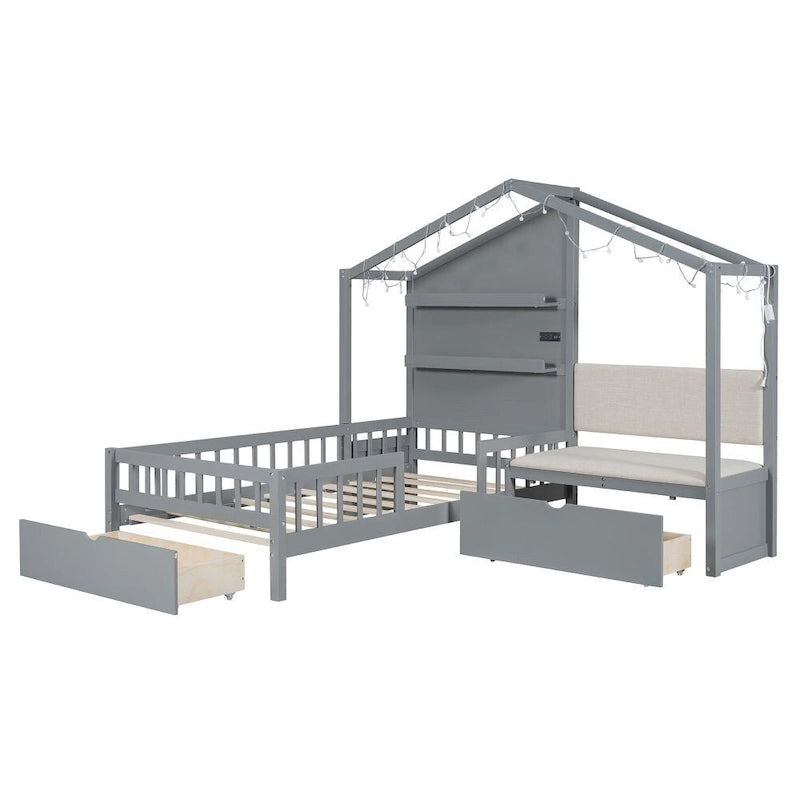 Lit jumeau avec bande LED et canapé latéral, tiroirs de rangement, blanc/gris, convient pour 1 personne