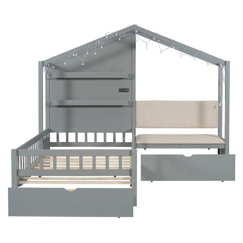 Lit jumeau avec bande LED et canapé latéral, tiroirs de rangement, blanc/gris, convient pour 1 personne