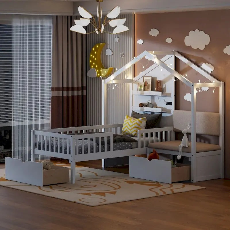 Lit jumeau avec bande LED et canapé latéral, tiroirs de rangement, blanc/gris, convient pour 1 personne