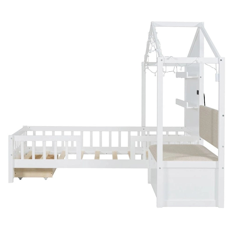 Lit jumeau avec bande LED et canapé latéral, tiroirs de rangement, blanc/gris, convient pour 1 personne