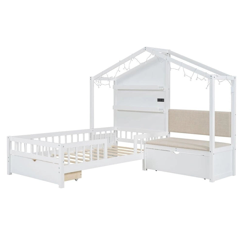 Lit jumeau avec bande LED et canapé latéral, tiroirs de rangement, blanc/gris, convient pour 1 personne