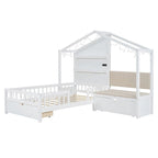 Lit jumeau avec bande LED et canapé latéral, tiroirs de rangement, blanc/gris, convient pour 1 personne