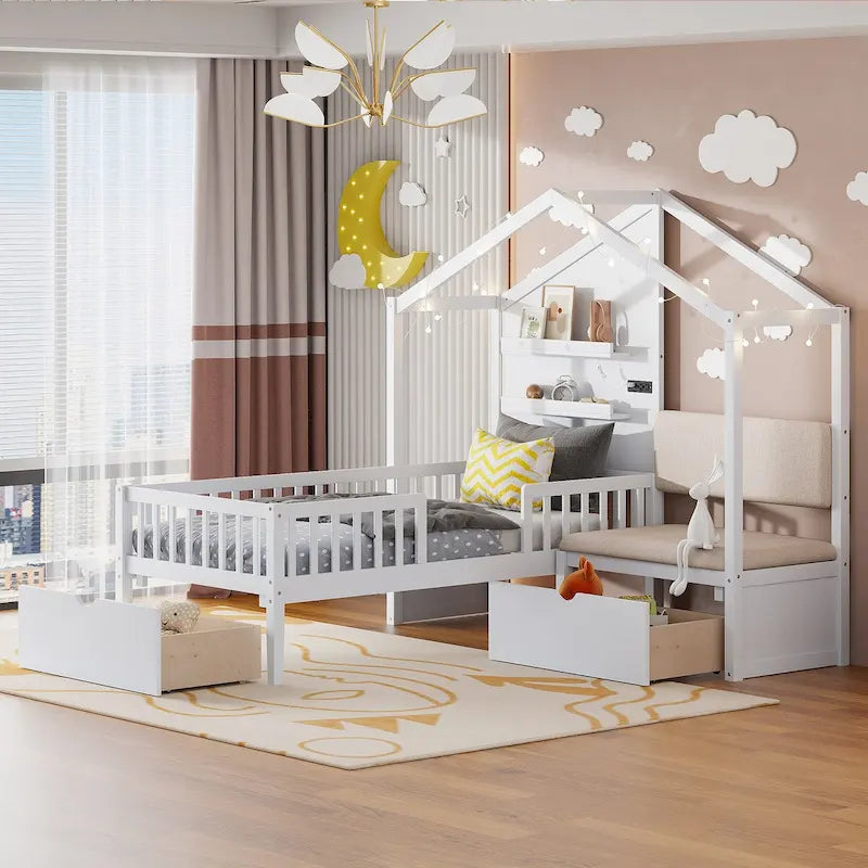 Lit jumeau superposé gris/blanc avec canapé et rangement, éclairage LED, pour 1 personne