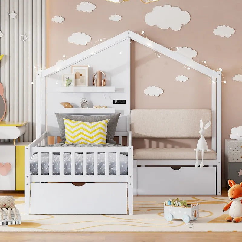 Lit jumeau superposé gris/blanc avec canapé et rangement, éclairage LED, pour 1 personne