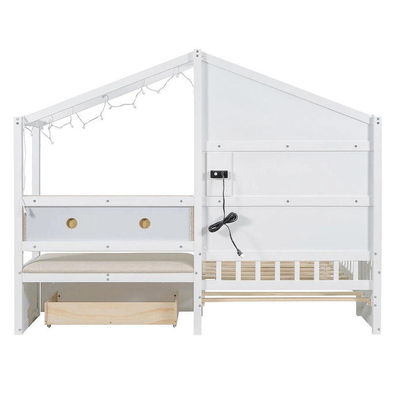Lit jumeau superposé gris/blanc avec canapé et rangement, éclairage LED, pour 1 personne