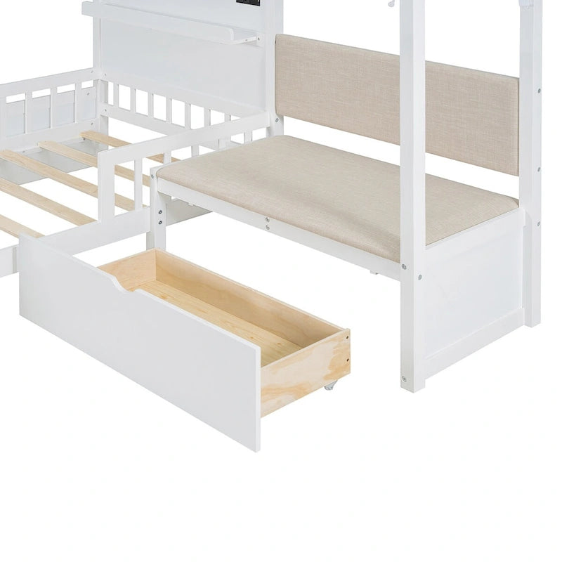 Lit jumeau superposé gris/blanc avec canapé et rangement, éclairage LED, pour 1 personne