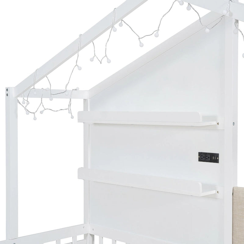 Lit jumeau superposé gris/blanc avec canapé et rangement, éclairage LED, pour 1 personne