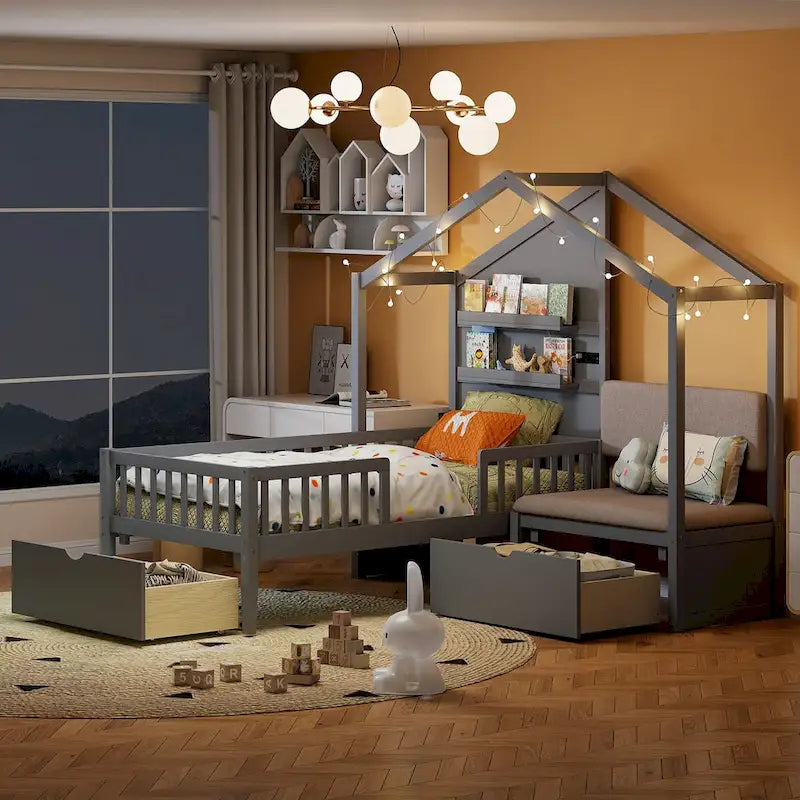 Lit jumeau superposé gris/blanc avec canapé et rangement, éclairage LED, pour 1 personne