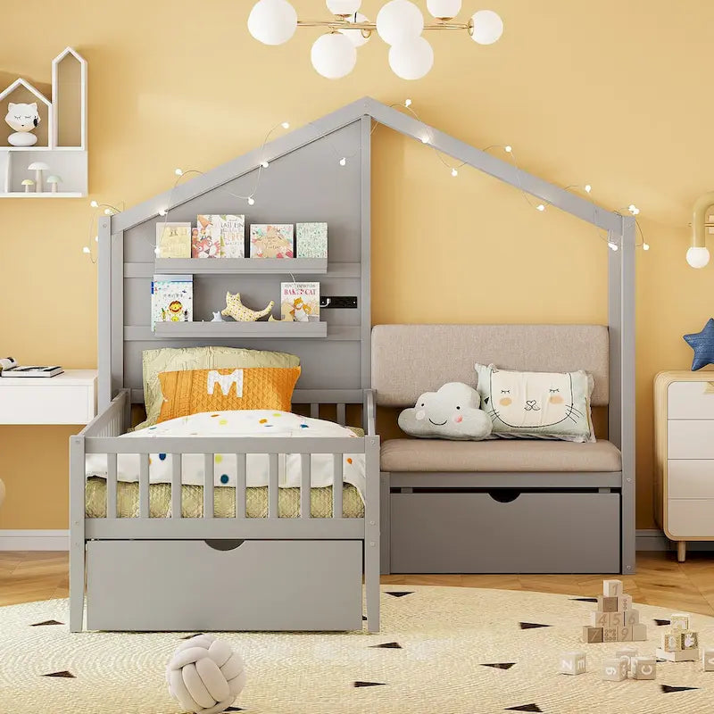 Lit jumeau superposé gris/blanc avec canapé et rangement, éclairage LED, pour 1 personne