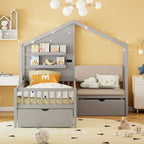 Lit jumeau superposé gris/blanc avec canapé et rangement, éclairage LED, pour 1 personne