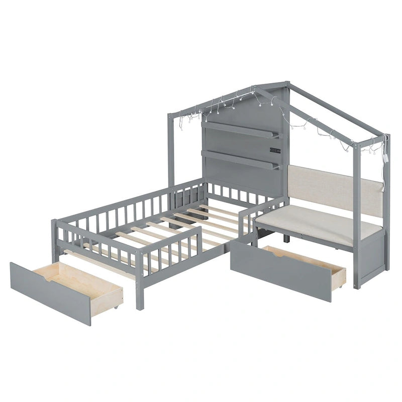 Lit jumeau superposé gris/blanc avec canapé et rangement, éclairage LED, pour 1 personne