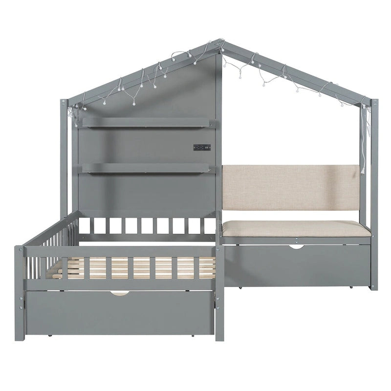 Lit jumeau superposé gris/blanc avec canapé et rangement, éclairage LED, pour 1 personne
