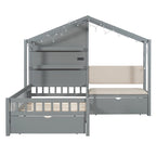 Lit jumeau superposé gris/blanc avec canapé et rangement, éclairage LED, pour 1 personne