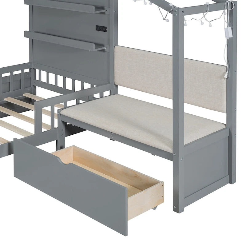 Lit jumeau superposé gris/blanc avec canapé et rangement, éclairage LED, pour 1 personne