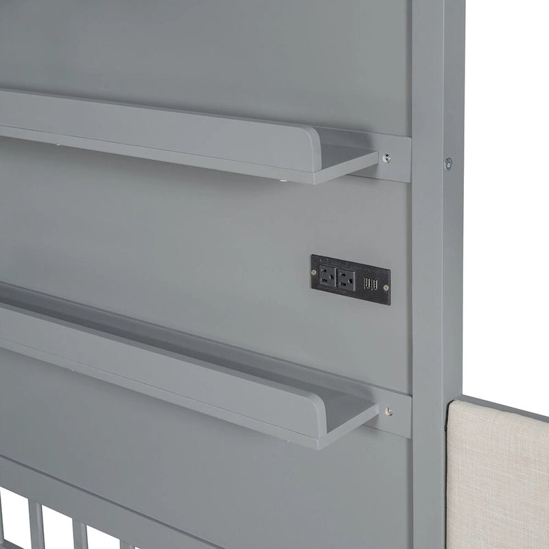 Lit jumeau superposé gris/blanc avec canapé et rangement, éclairage LED, pour 1 personne