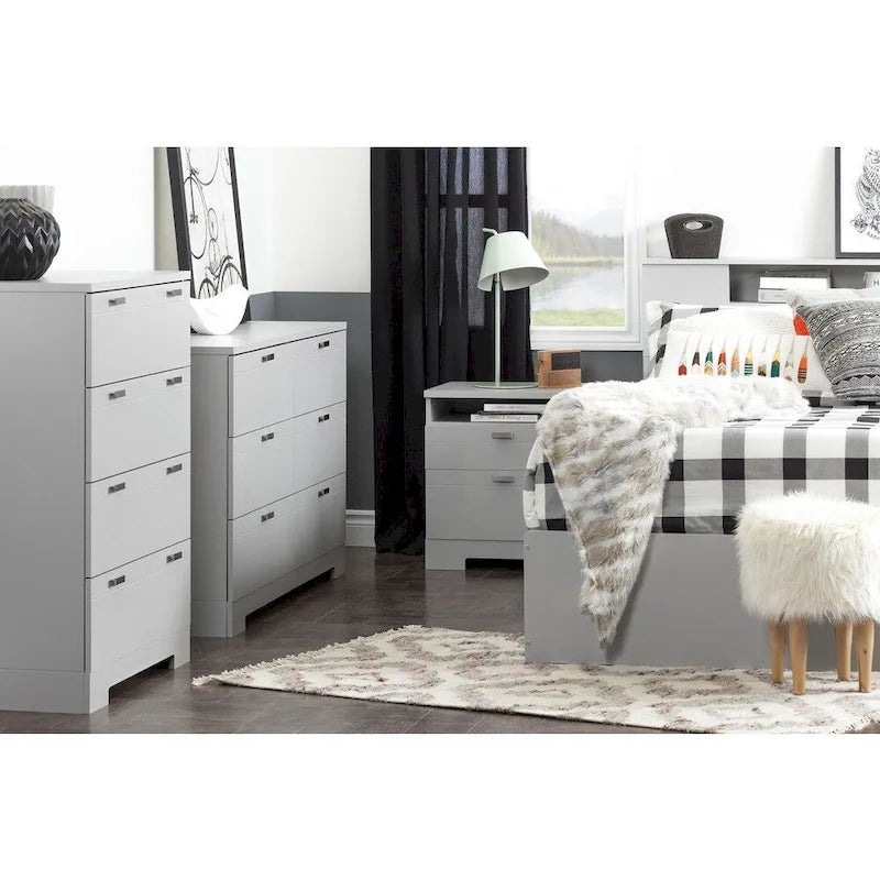 Table de chevet 2 tiroirs avec passe-câbles – Blanc / Noir / Marron / Gris, montage 1 personne