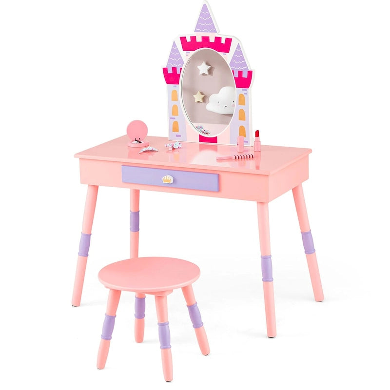 Table de toilette et tabouret pour enfants, style château rose, 1 enfant